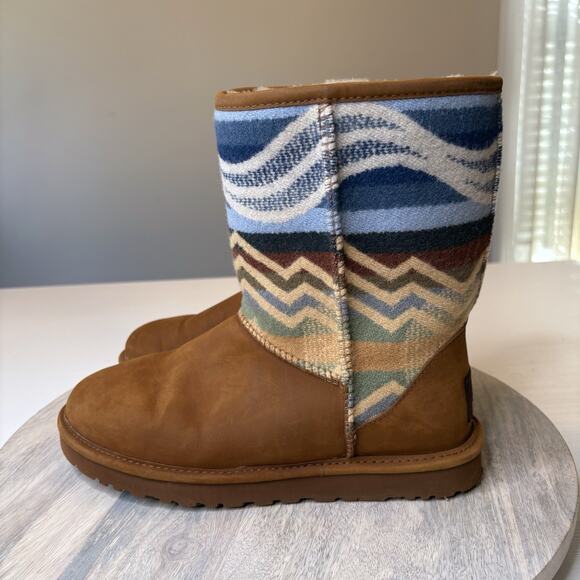 UGG Women's Pendleton Southwest Aztec Shearling Brown Leather Boots US Size 8 - Picture 3 of 10